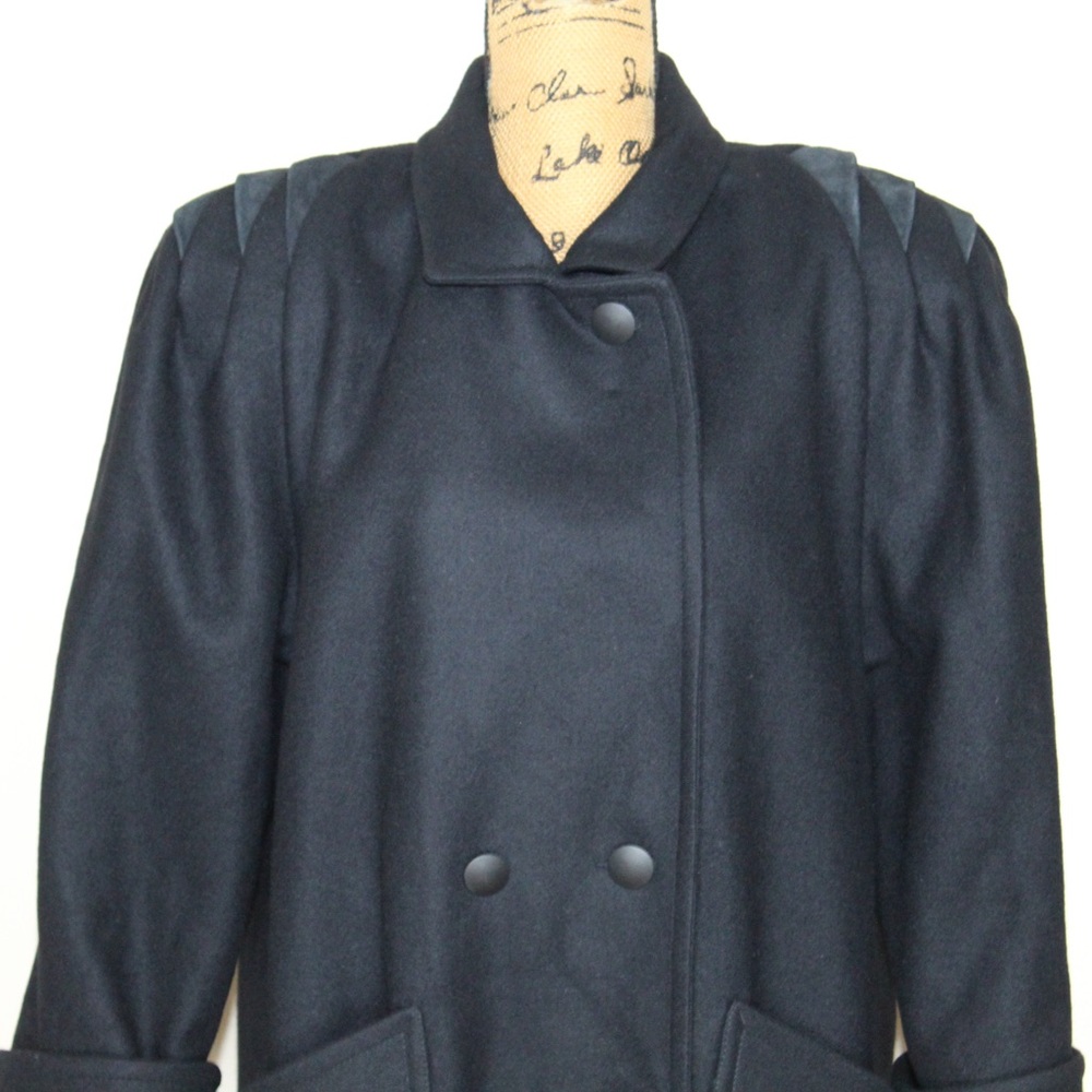 Vtg 80s 90s Jofeld Long Black Wool Blend Double Breasted Coat Overcoat Women’s L - Picture 2 of 16